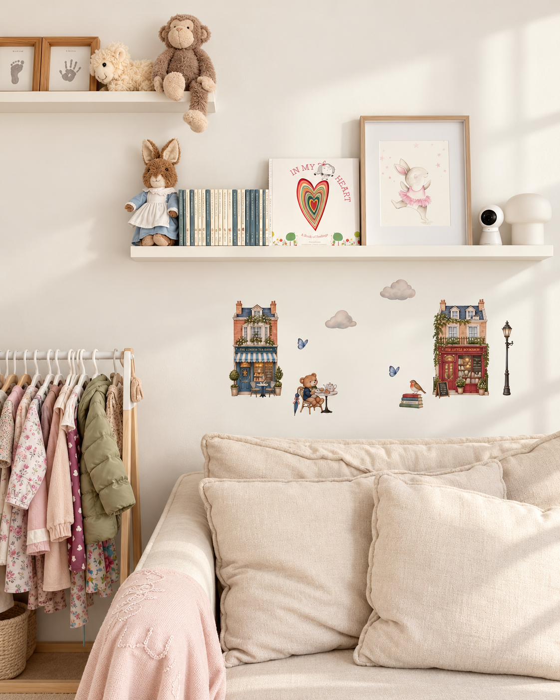 Real children's bedroom decorated with London & Co bookshop and tea house wall decals, creating a charming London-inspired scene.