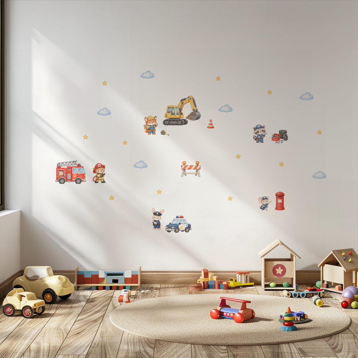 Everyday Heroes fabric wall stickers styled in a kids' room with colourful rescue vehicles and playful animal 
