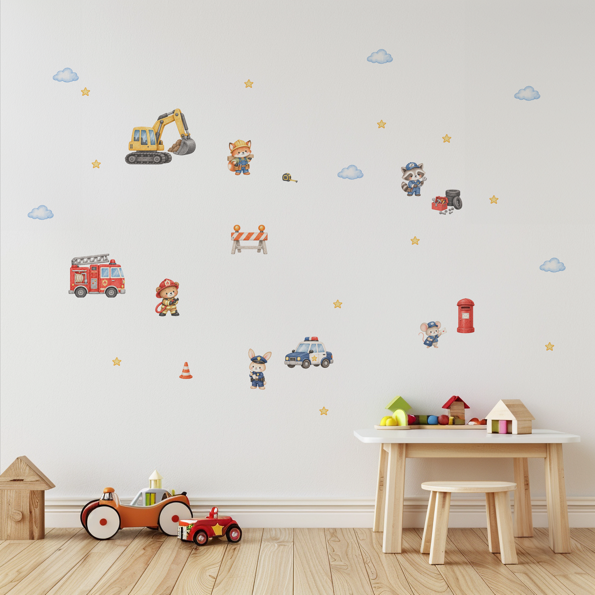 Kids' playroom decorated with Everyday Heroes wall decals featuring animal firefighters, police officers, a digger, fire truck and police car.
