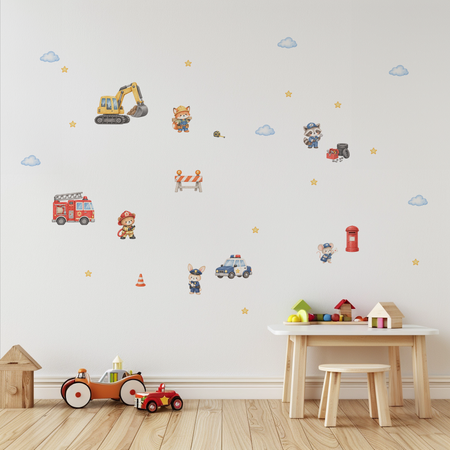 Kids' playroom decorated with Everyday Heroes wall decals featuring animal firefighters, police officers, a digger, fire truck and police car.