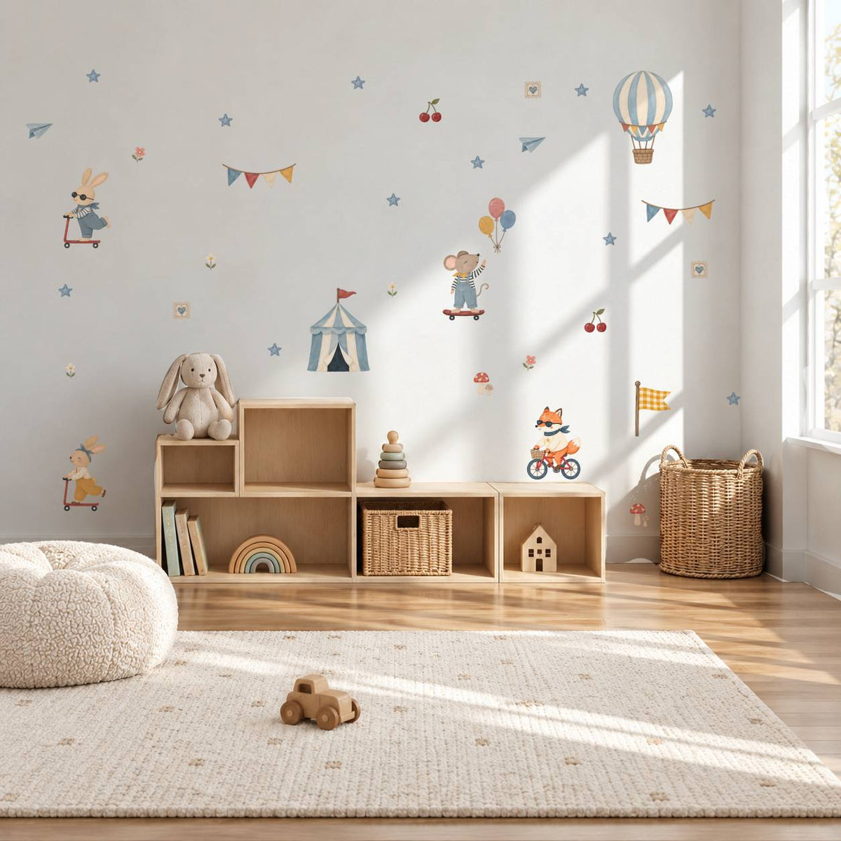 Little Rebels fabric wall stickers styled in a kids' room, with whimsical animal characters and soft vintage colours.