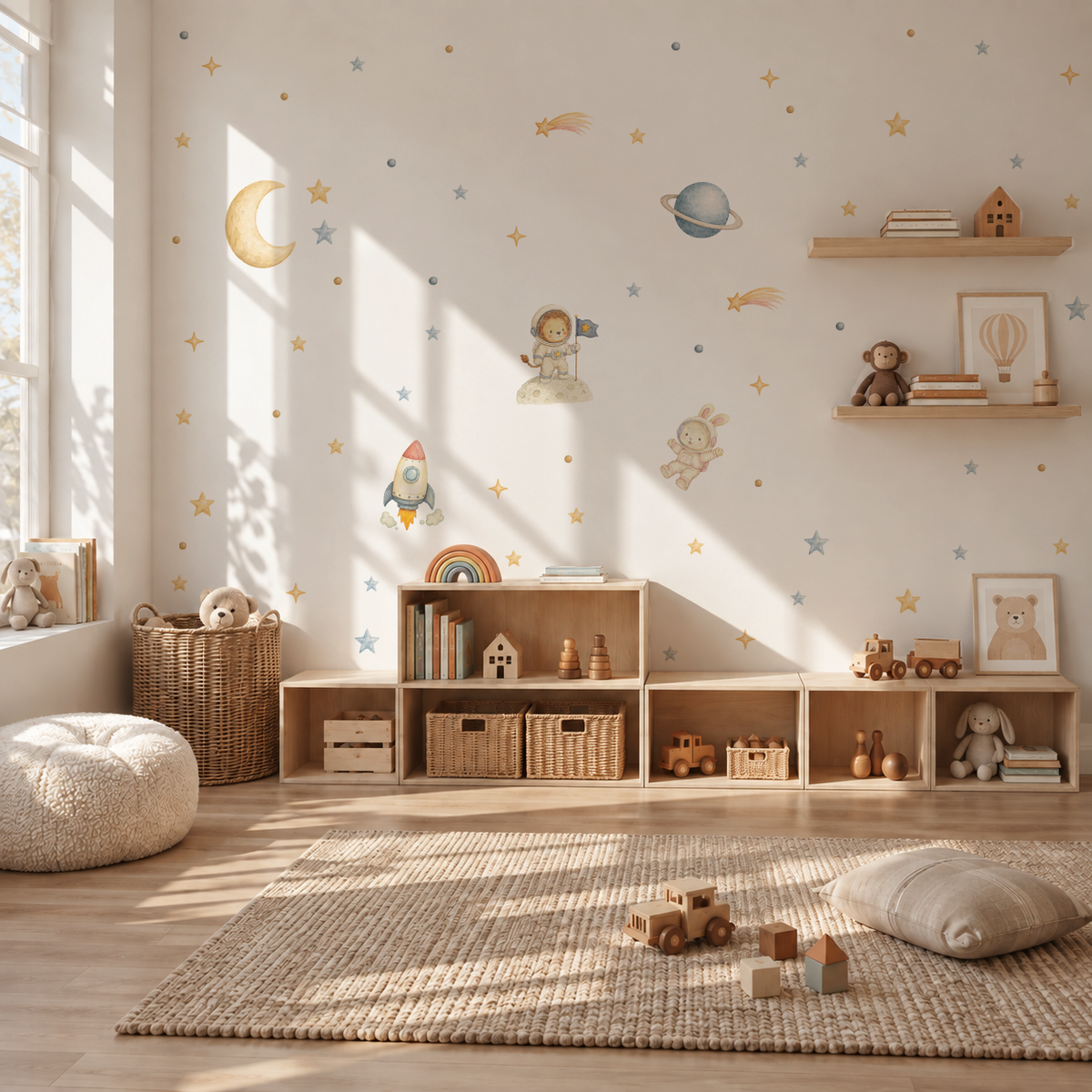 Gender-neutral kids' room styled with Space and Beyond fabric wall stickers, featuring playful space designs in soft pastel colours.