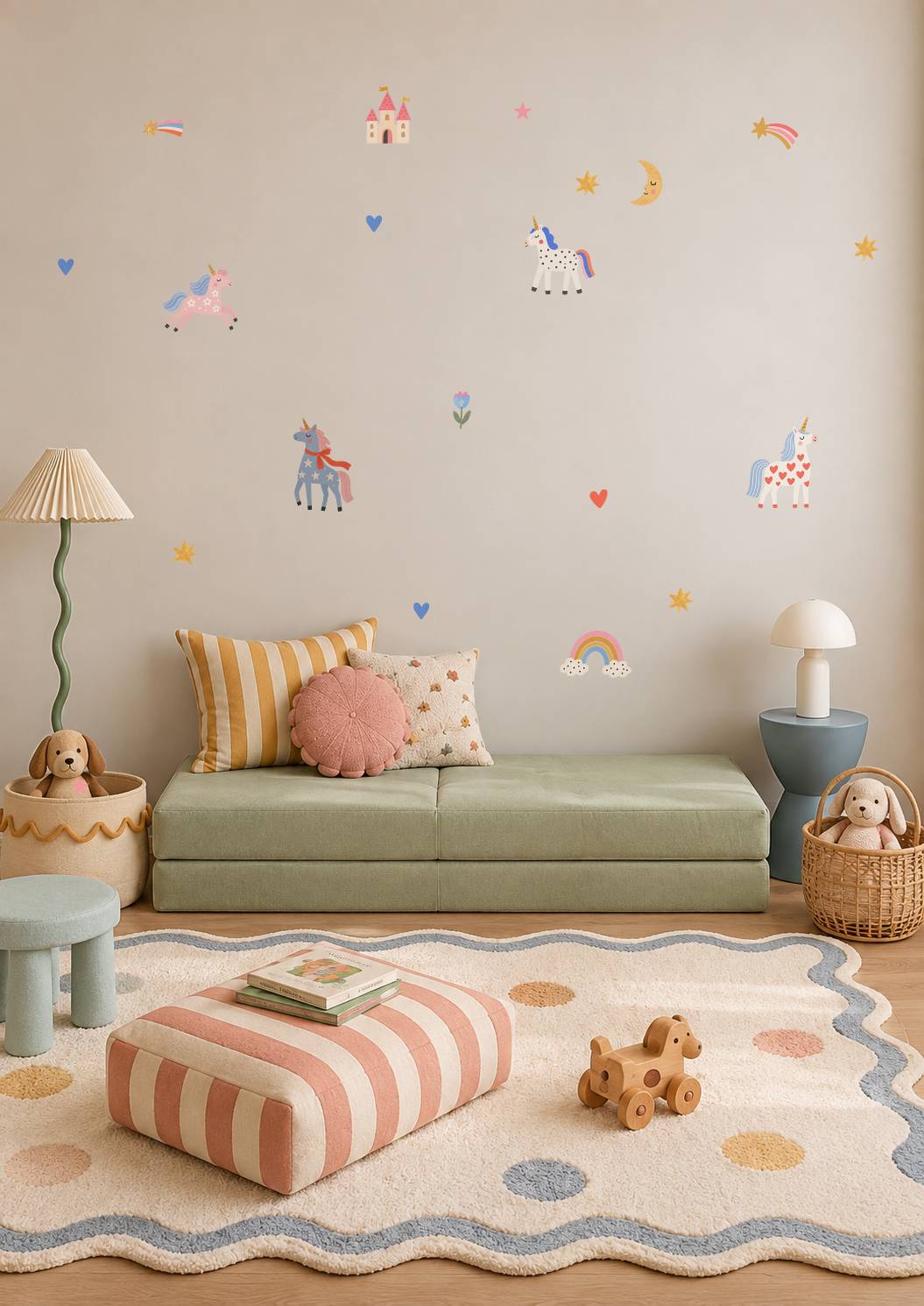 Colourful unicorn wall decals styled in a kids' playroom, featuring playful unicorns, rainbows, stars, a castle and a smiling moon.