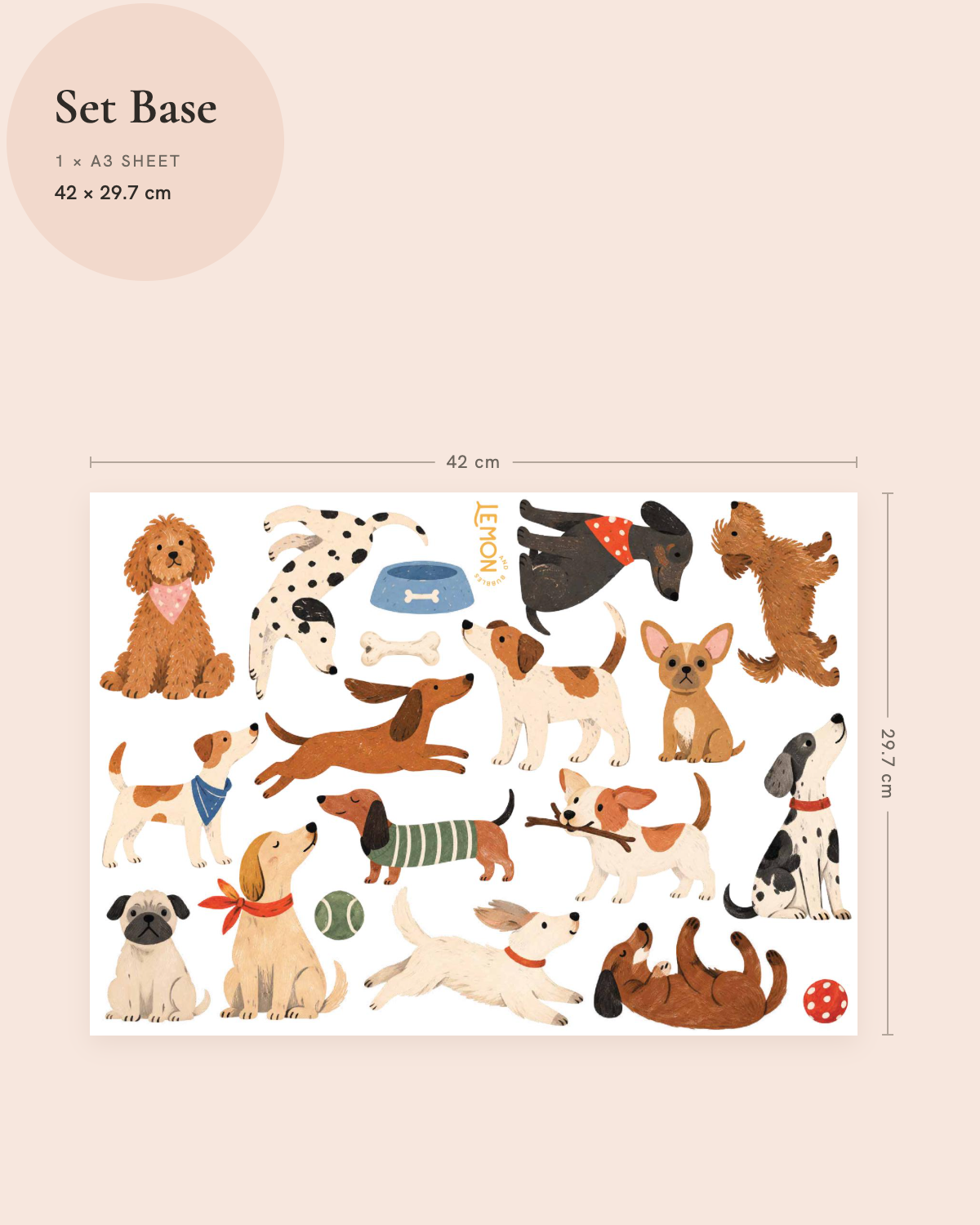 The Doggies Club Base wall decal size guide showing playful dog illustrations, bones, balls and accessories on an A3 sheet.