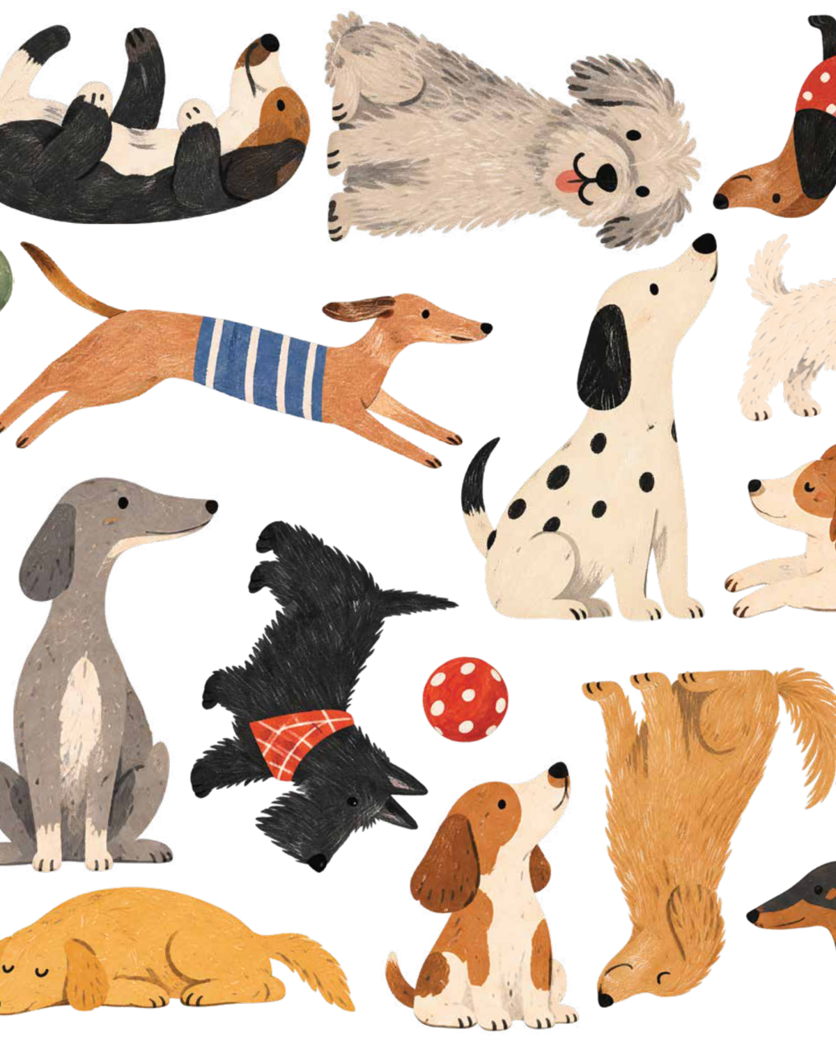 Close up of The Doggies Club wall stickers showing illustrated dogs, soft painted textures, colourful outfits and playful expressions.