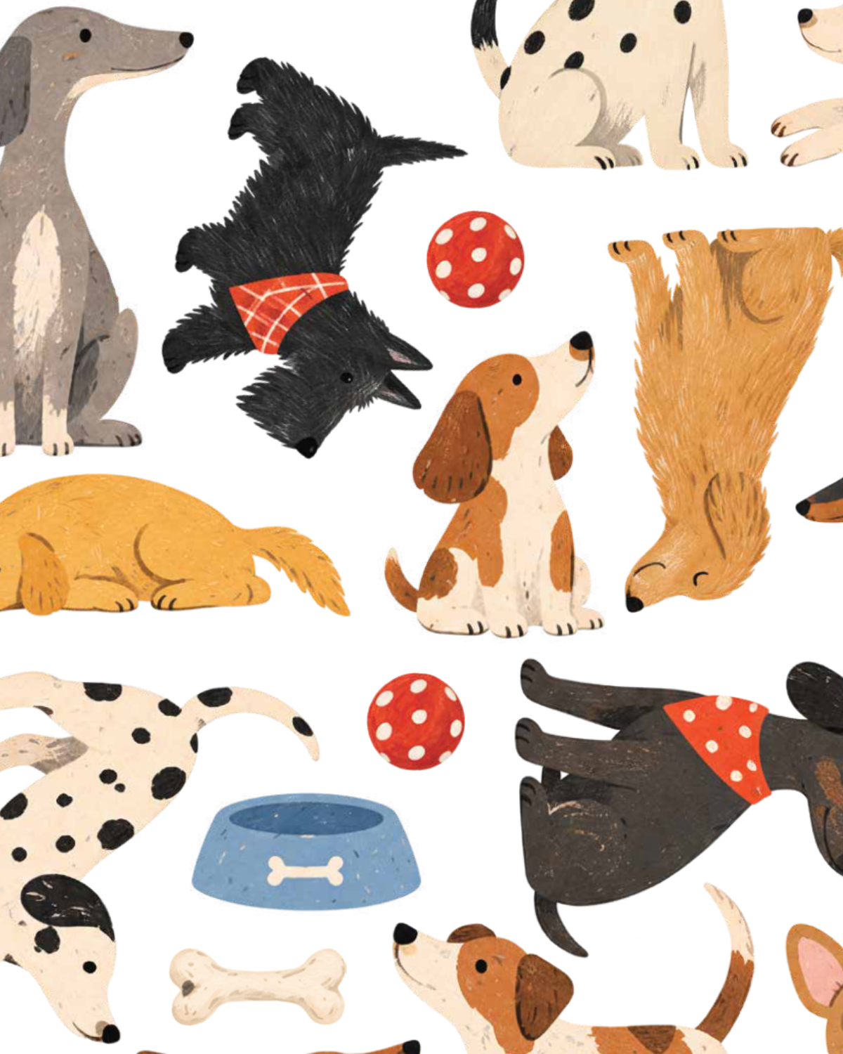 A repeating illustrated pattern of various dog breeds in playful poses, including a black dog wearing a red plaid bandana, a tan dog upside down, a brown-and-white puppy, a blue bone-shaped bowl, and red-and-white polka dot balls on a white background.