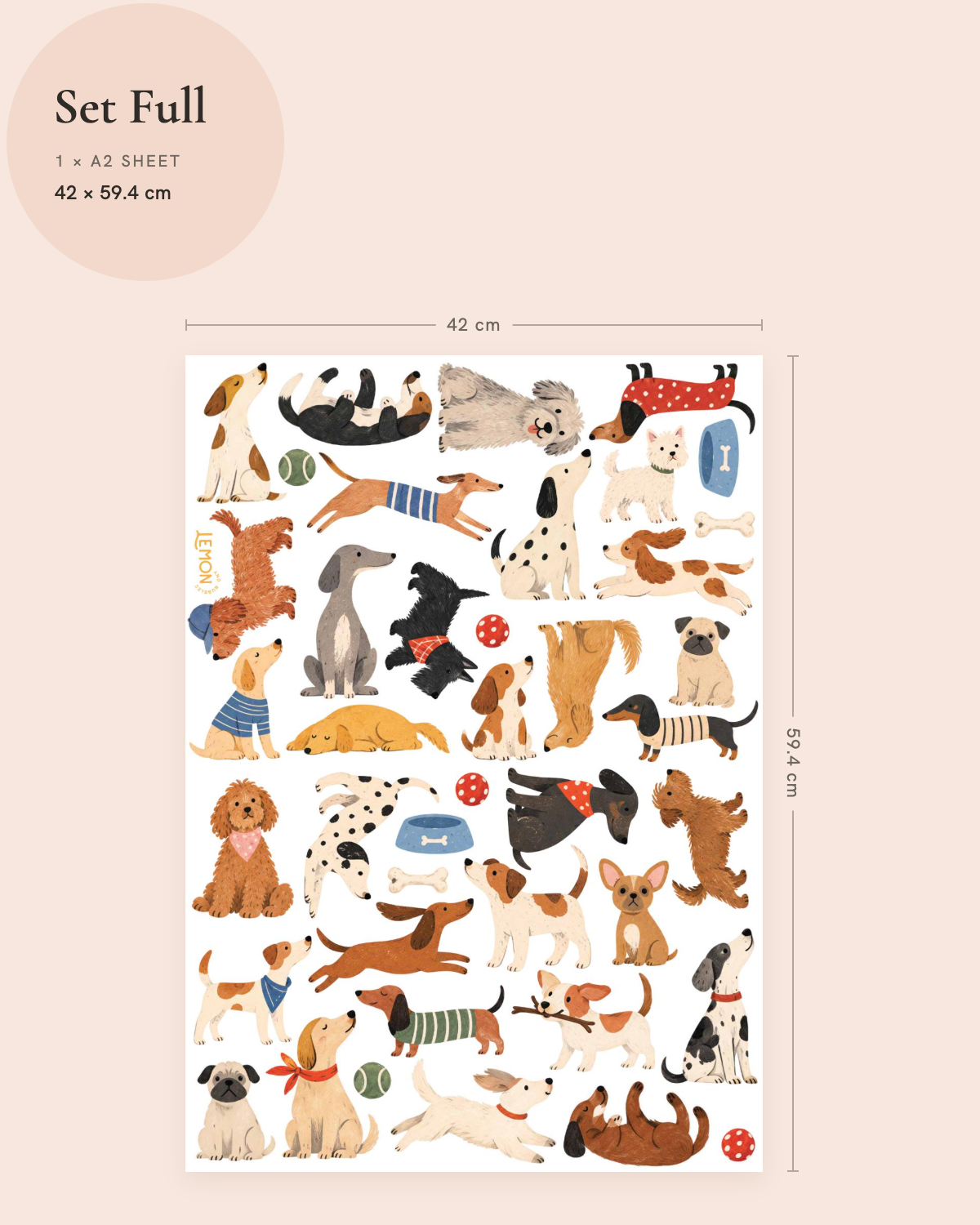 The Doggies Club Full wall decal size guide featuring a variety of illustrated puppies, dachshunds, dalmatians and playful details on an A2 sheet.