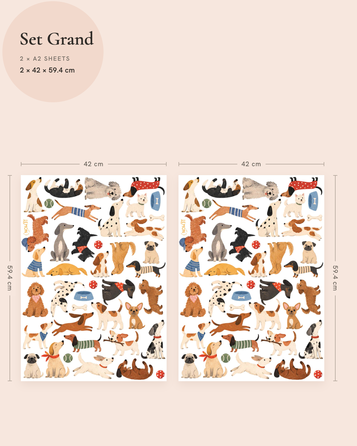 The Doggies Club Grand wall decal size guide showing two Full sheets of puppy illustrations for decorating a larger wall.