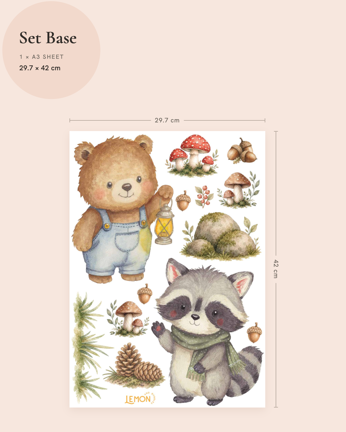 Enchanted Forest Base wall decal set showing the included woodland designs and overall size.