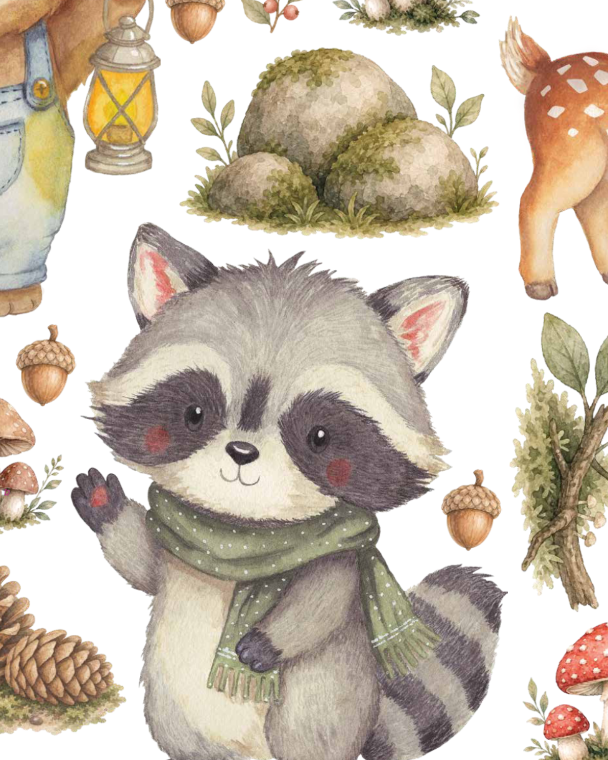 Close up of the Enchanted Forest wall decal set, featuring woodland animals and soft painted details.