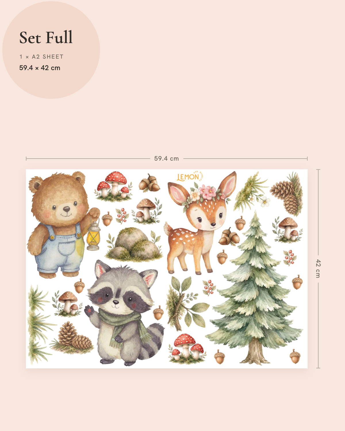 Enchanted Forest Full wall decal set showing the included woodland designs and overall size.