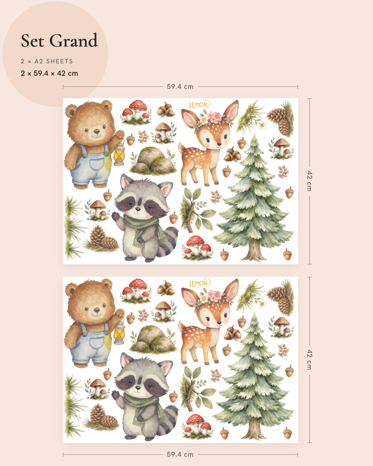 Enchanted Forest Grand wall decal set showing the included woodland designs and overall size.