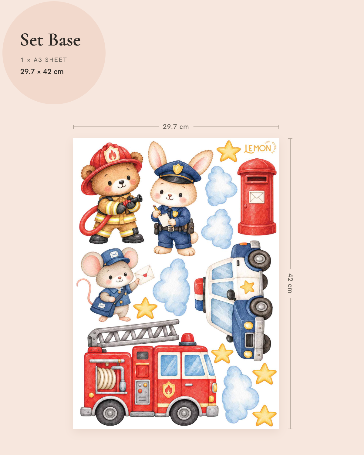 Everyday Heroes Base wall decal size guide showing a fire truck, police car, animal rescue characters, clouds and stars on an A3 sheet.