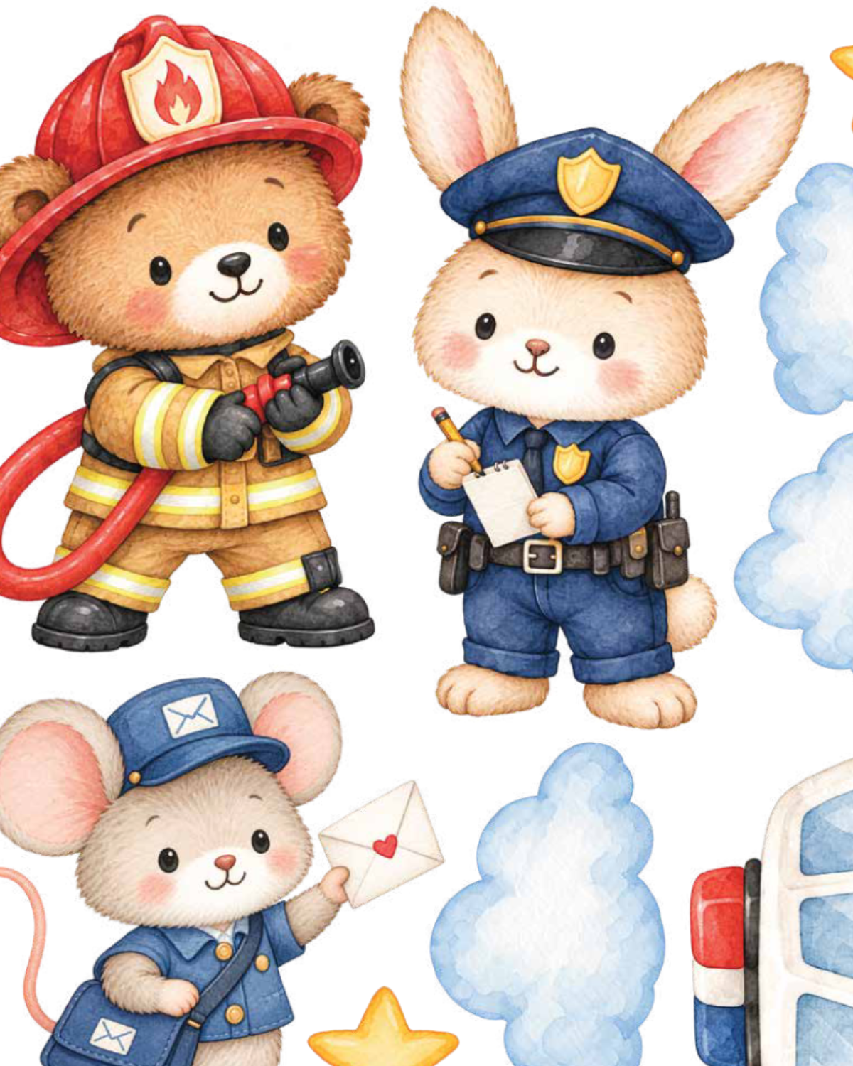 Close up of Everyday Heroes wall stickers featuring a bear firefighter, bunny police officer and little mouse with soft watercolour details.