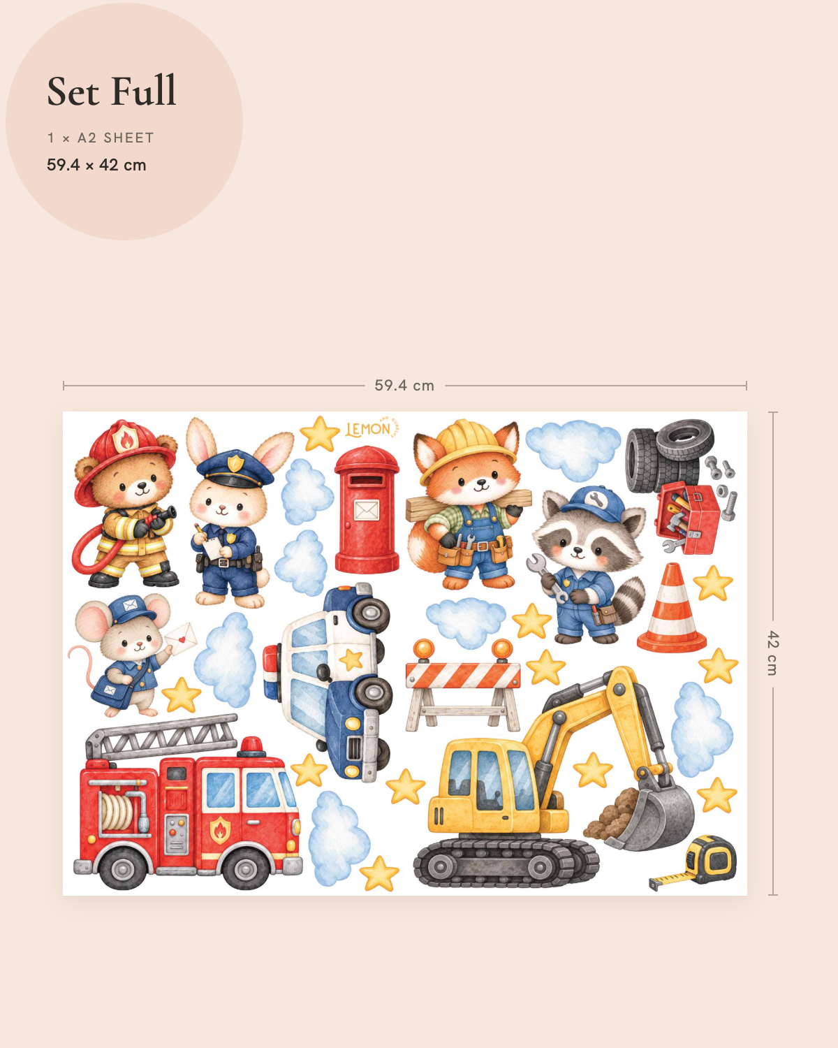 Everyday Heroes Full wall decal size guide featuring animal firefighters, police officers, a digger, rescue vehicles and accessories on an A2 sheet.