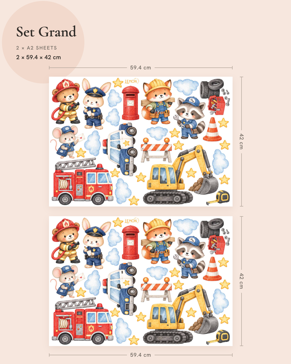 Everyday Heroes Grand wall decal size guide showing two Full sheets of animal characters, construction vehicles and rescue designs.