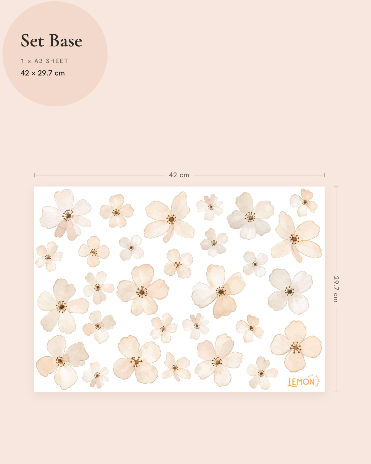 Ivory Bloom Base wall decal size guide showing assorted ivory and cream flowers on a 42 × 29.7 cm sheet.