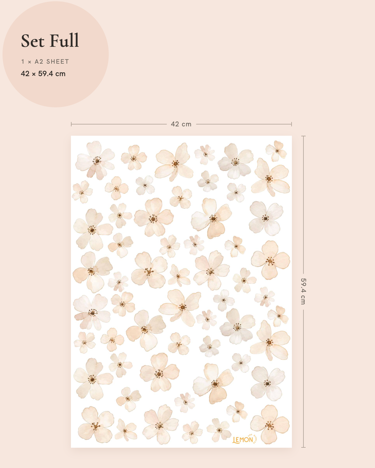 Ivory Bloom Full wall decal size guide showing a collection of delicate watercolour flowers on a 42 × 59.4 cm sheet.