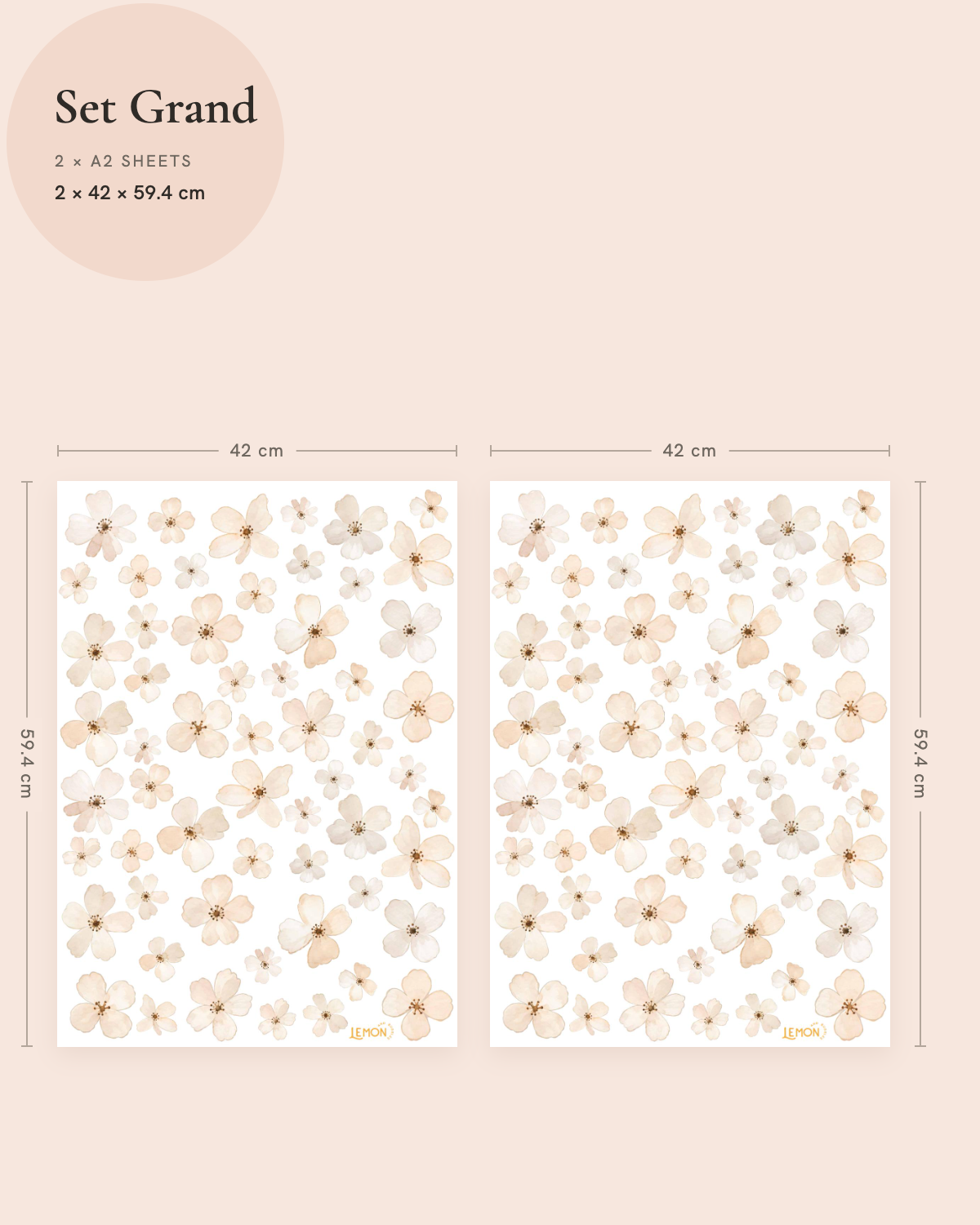 Ivory Bloom Grand wall decal size guide showing two Full sheets of soft ivory and beige flower stickers.