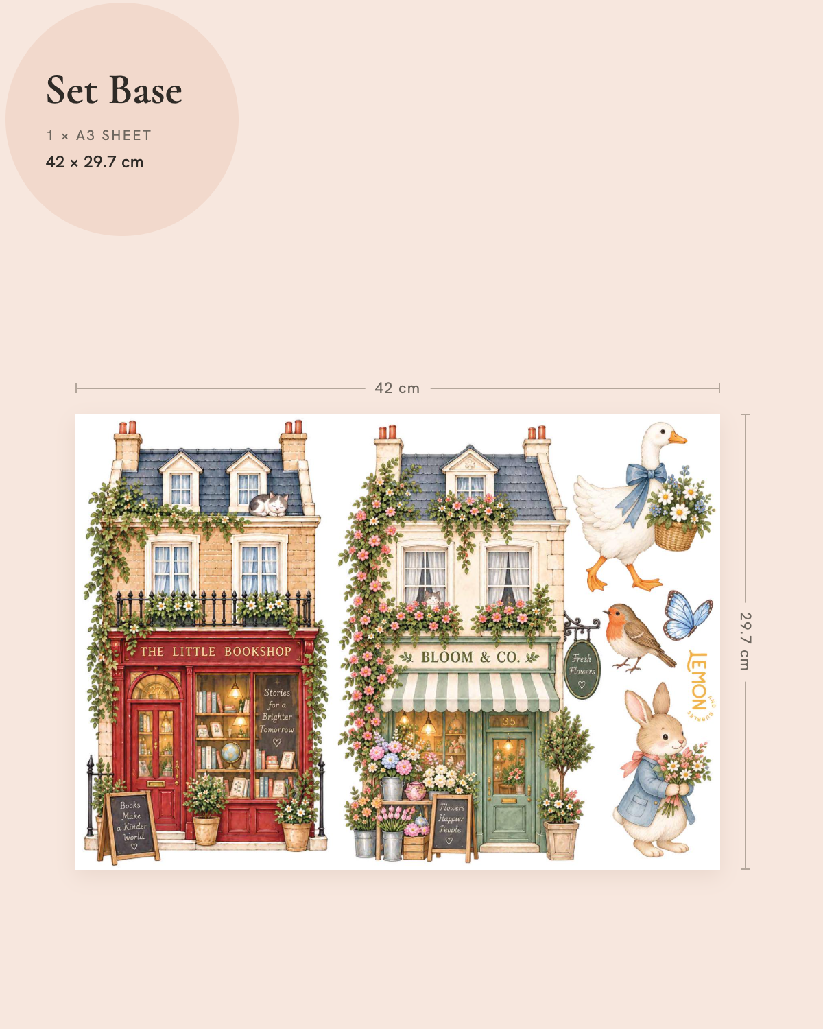 London & Co Base wall decal size guide showing the included illustrations and sheet dimensions.