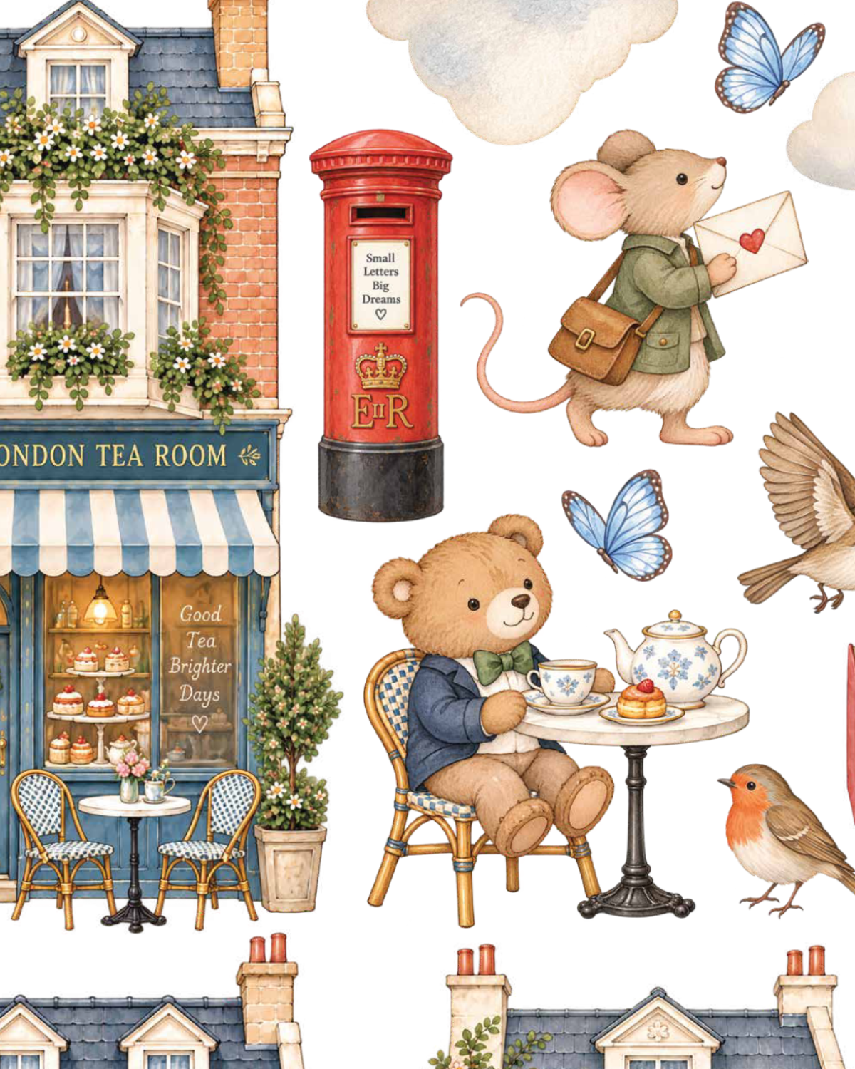 Close up of London & Co wall stickers showing illustrated London shopfronts, sweet animal characters and fine painted details.