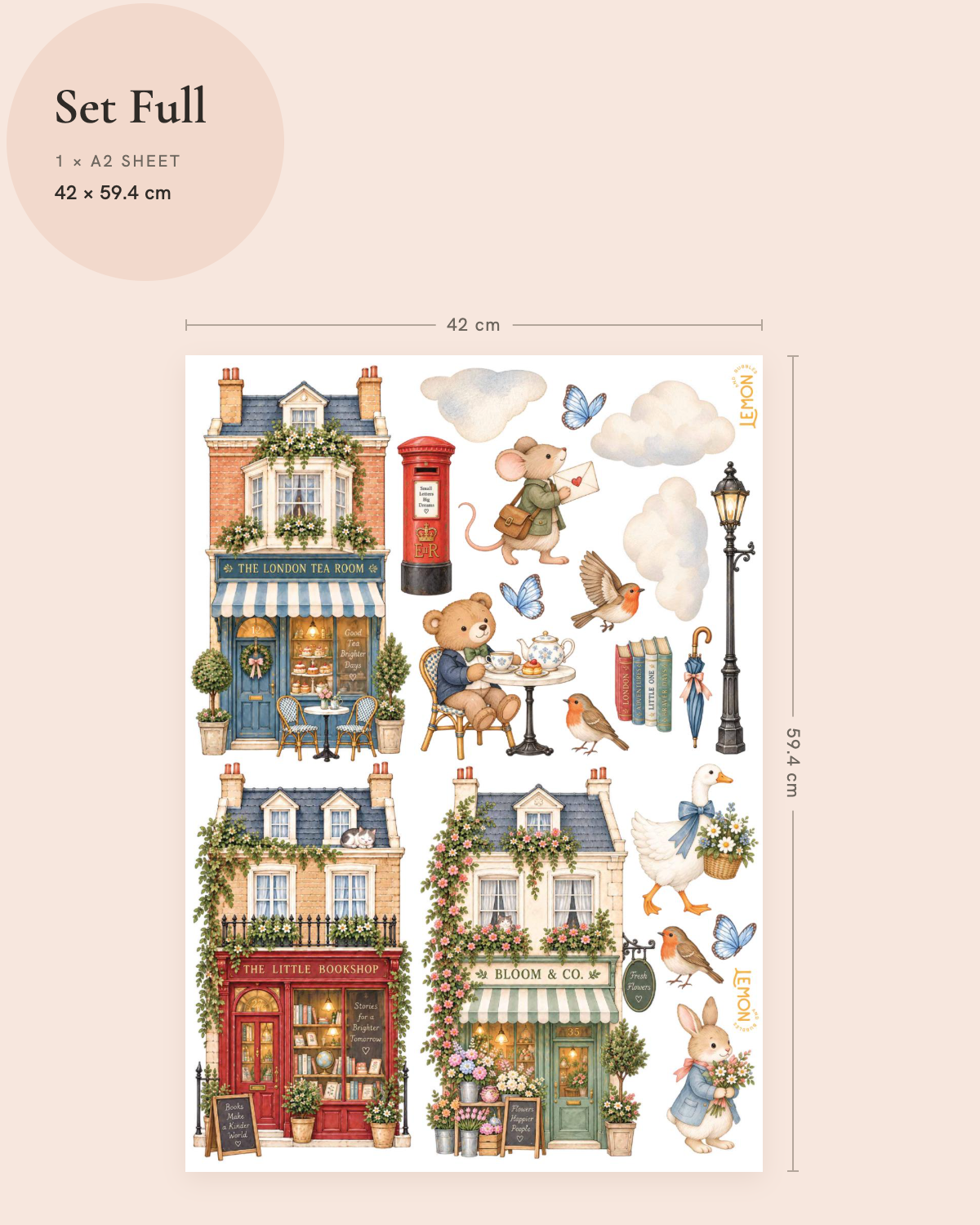 London & Co Full wall decal size guide showing the included London shops, animal characters and sheet dimensions.