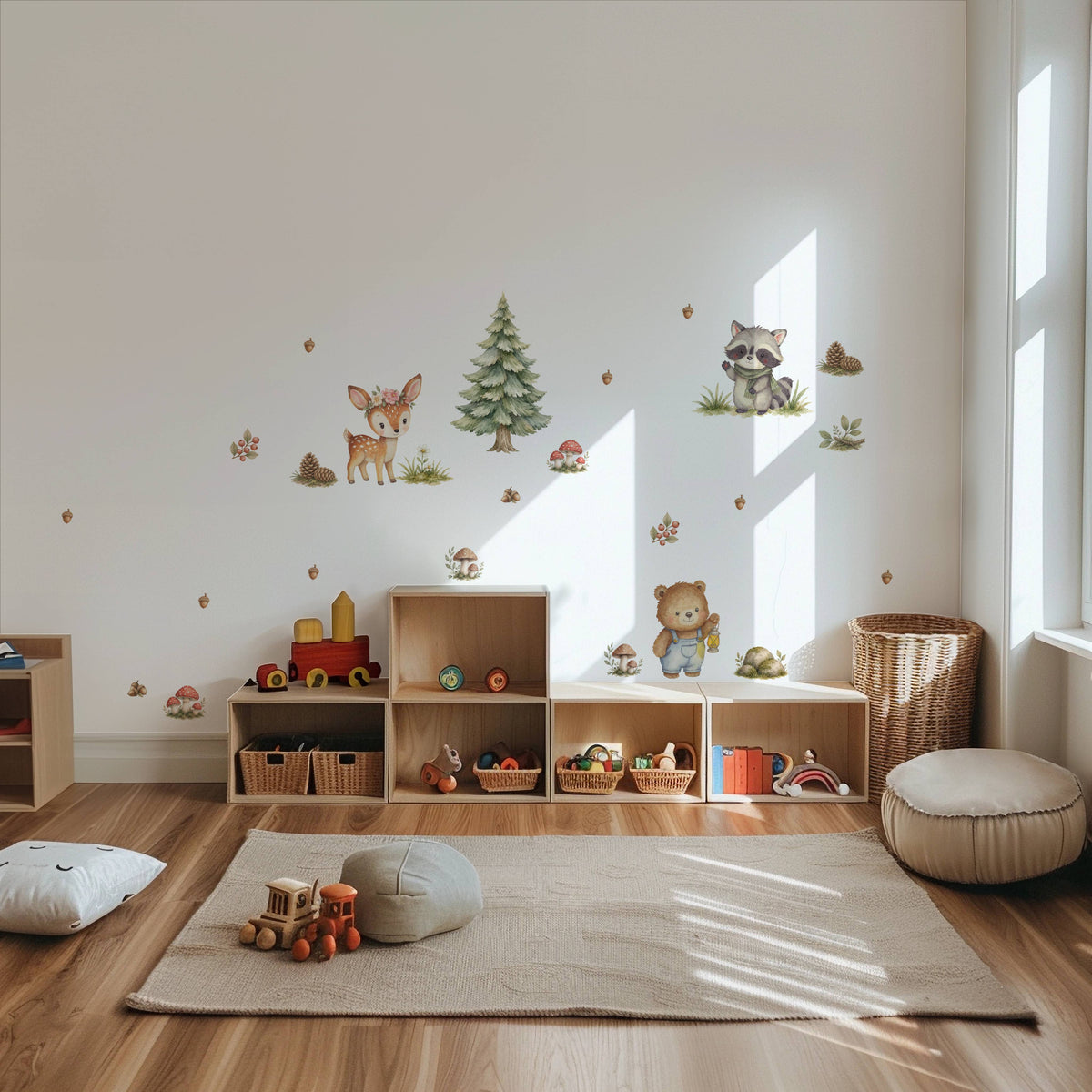 Kids' room styled with Enchanted Forest fabric wall stickers, showing playful woodland designs in soft colours.
