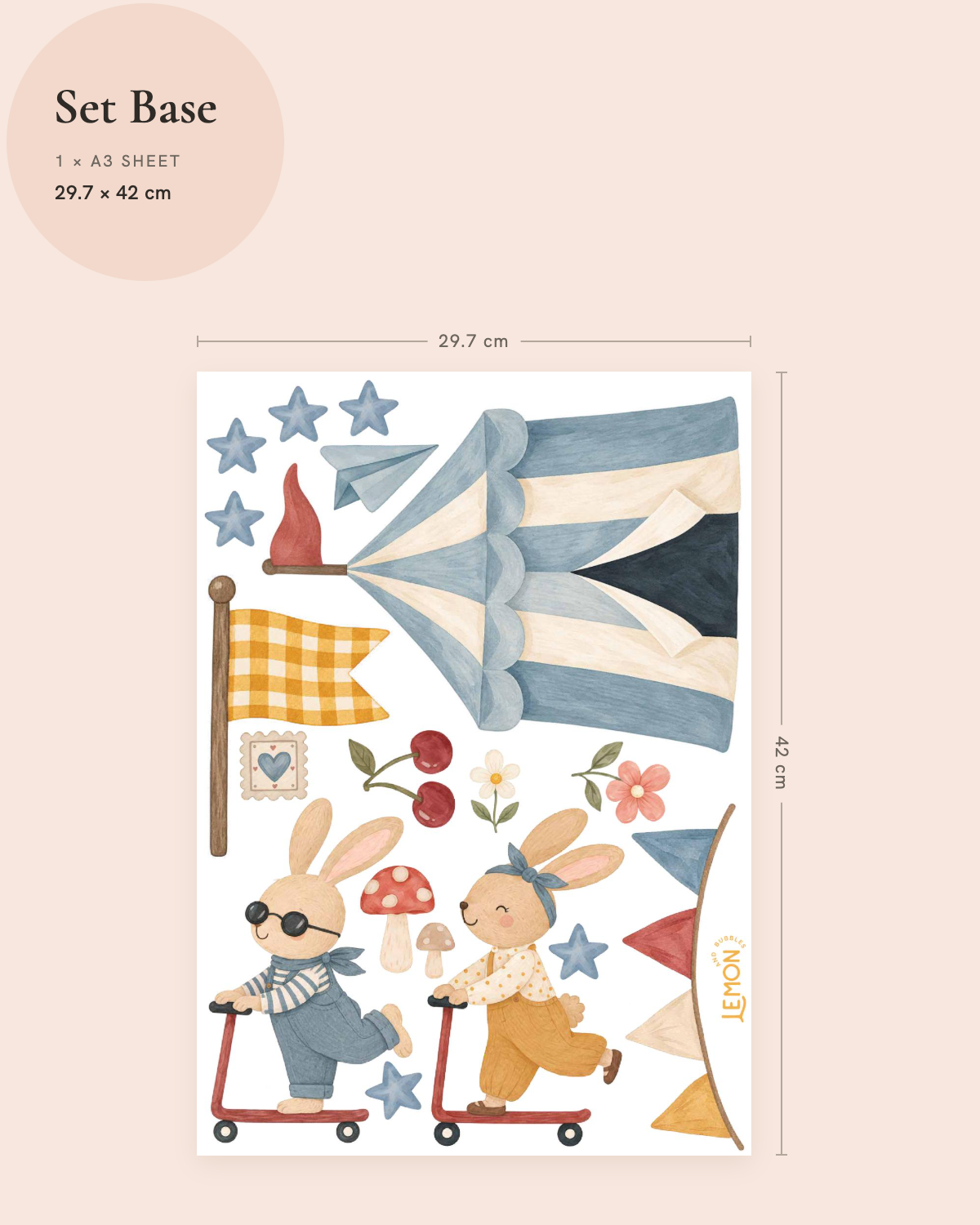 Little Rebels Base wall decal size guide showing the included playful animal illustrations and sheet dimensions.