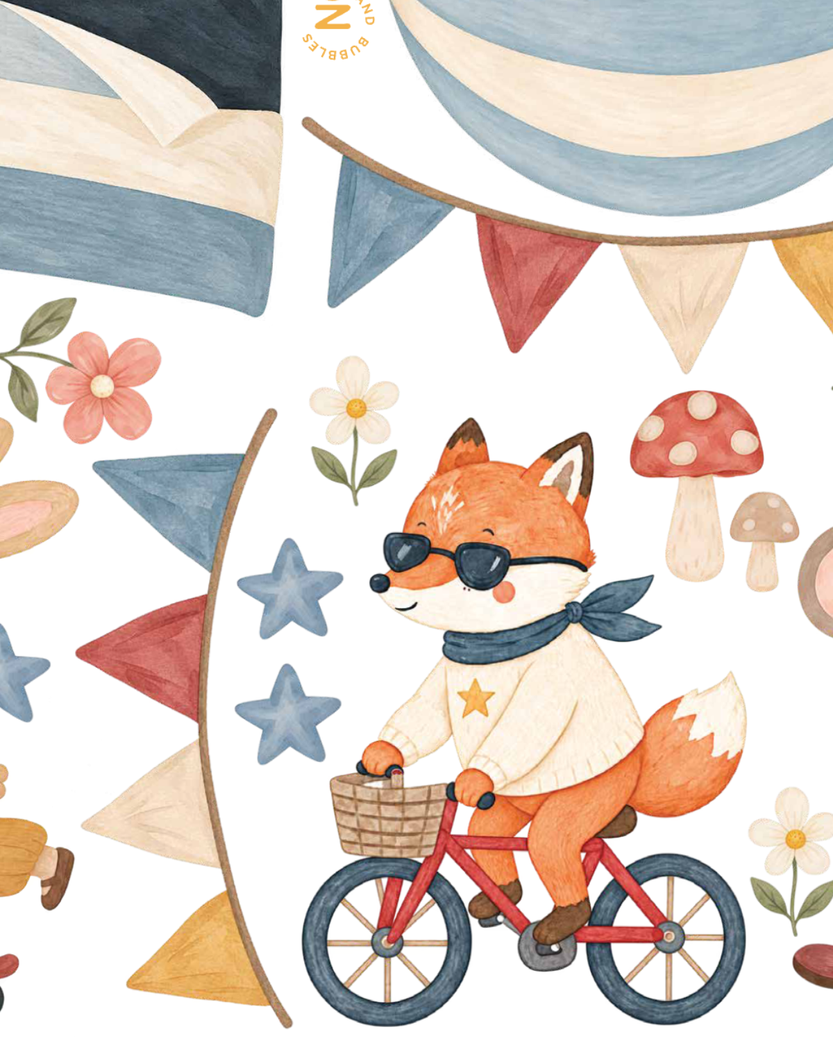 Close up of Little Rebels wall decals showing hand painted style animal characters, soft colours and delicate illustrated details.