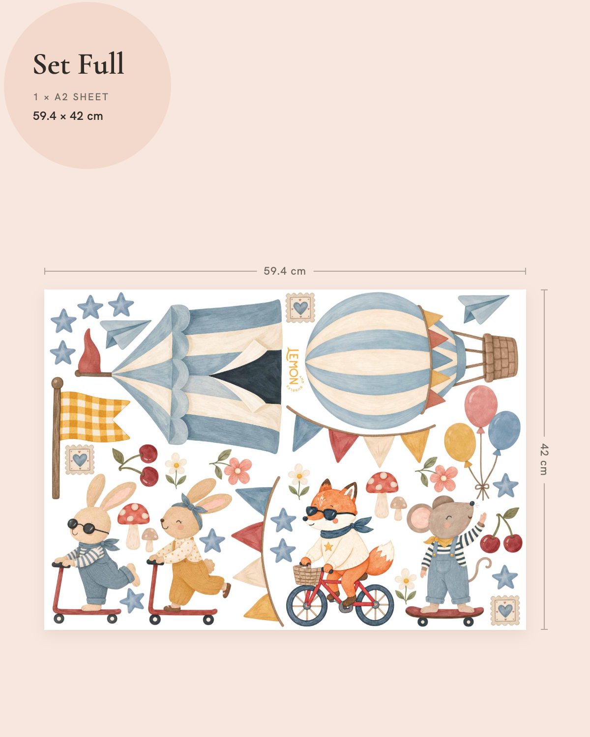 Little Rebels Full wall decal size guide showing the complete selection of whimsical characters and sheet dimensions.