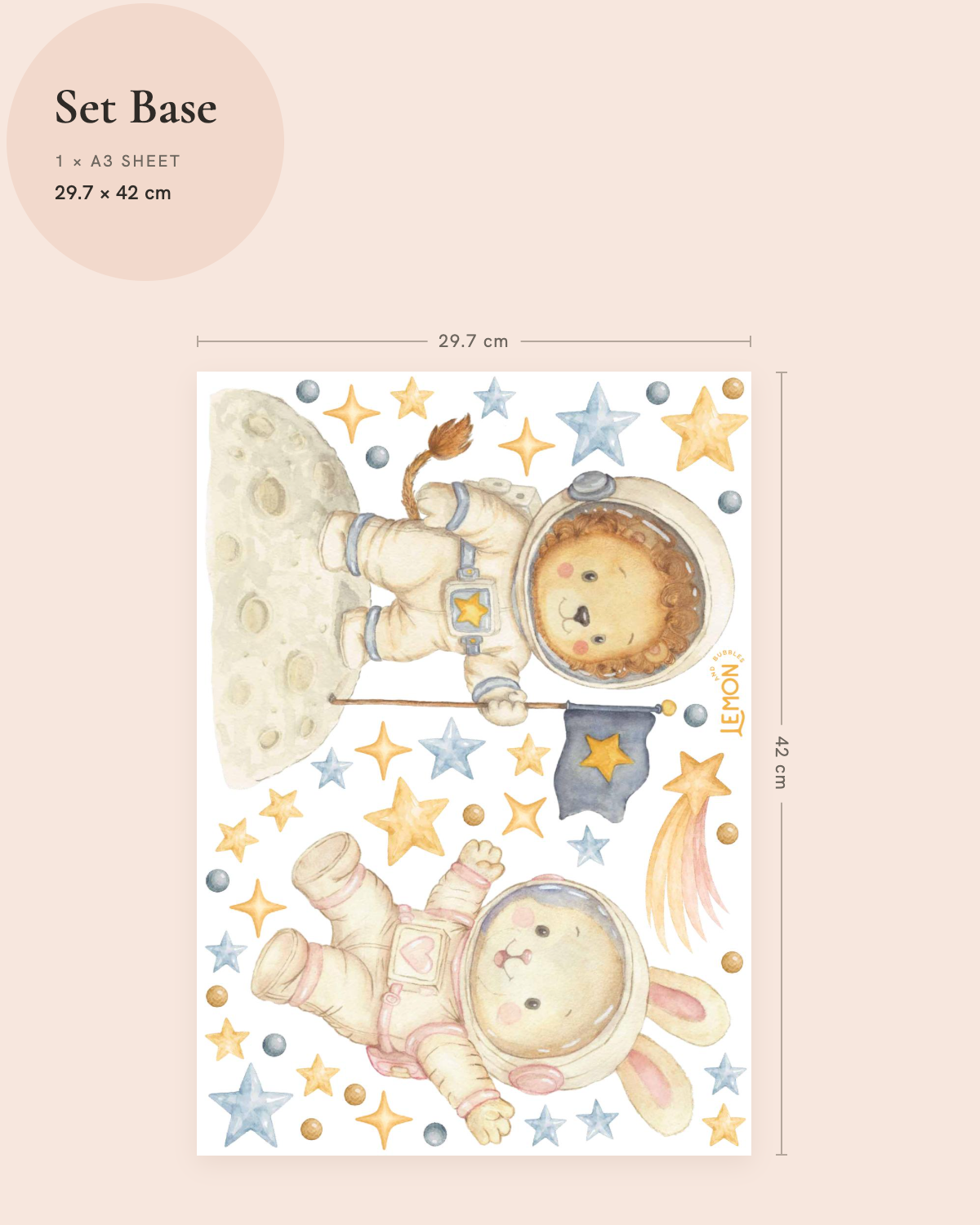Space and Beyond Base wall decal set showing the included pastel space illustrations and sheet layout.