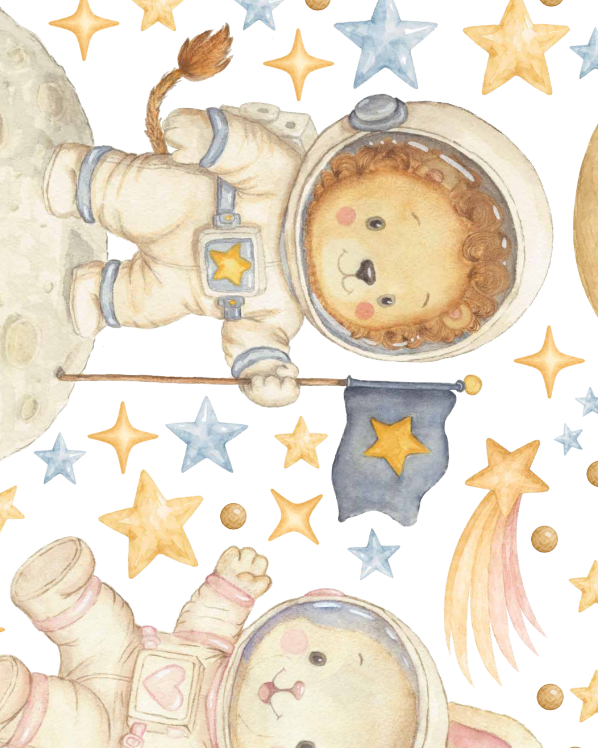 Close-up of whimsical space wall decal illustrations featuring textured planets, stars and celestial details in soft colours.