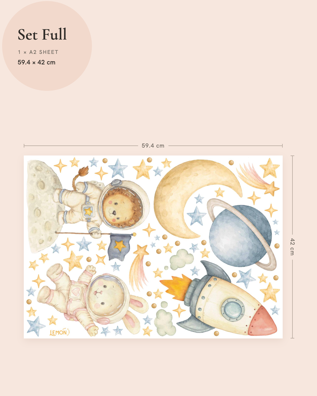 Space and Beyond Full wall decal set showing the complete sheet layout, included pastel space illustrations and dimensions.