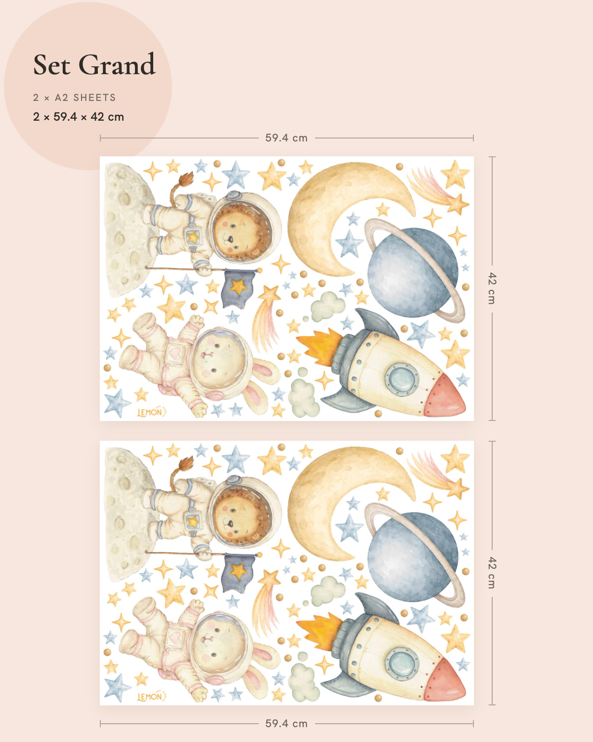 Space and Beyond Grand wall decal set showing two sheets of playful space illustrations for decorating a larger wall.