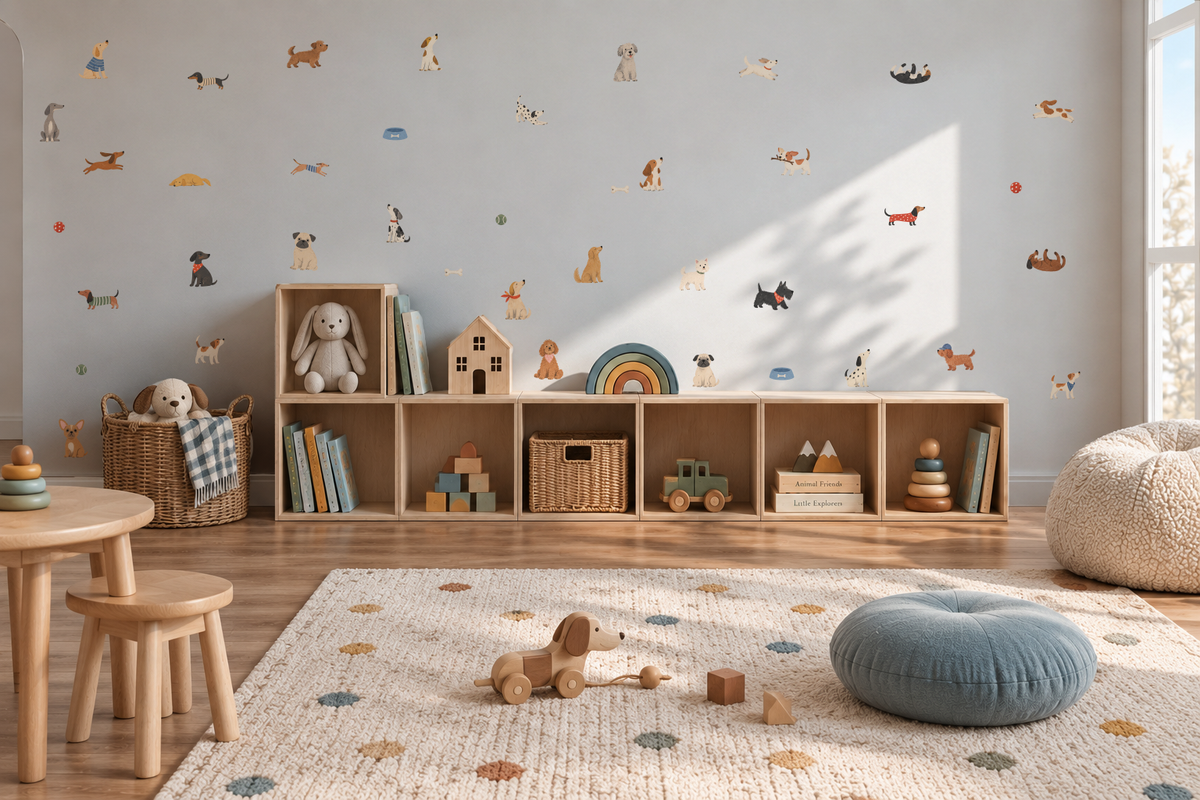 The Doggies Club fabric wall stickers styled in a kids' room, featuring adorable dogs in different poses and soft colours.