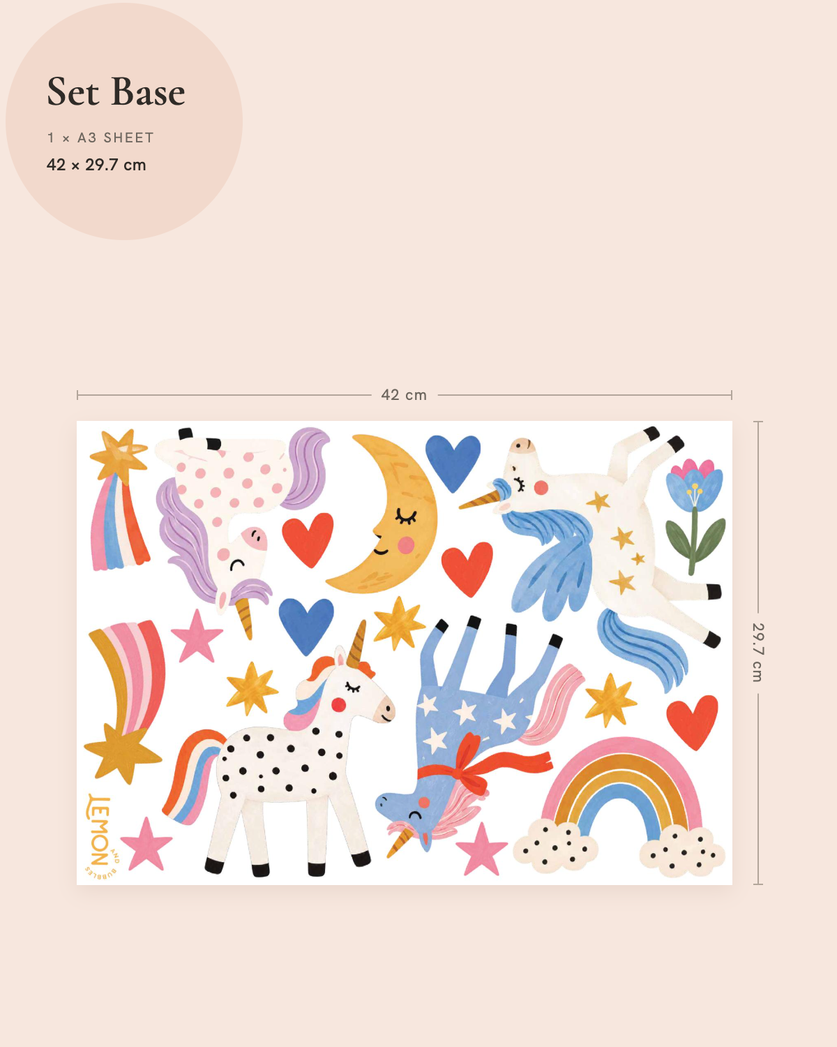 Twinkle Kingdom Base wall decal size guide showing colourful unicorns, rainbows, shooting stars, hearts and a moon.