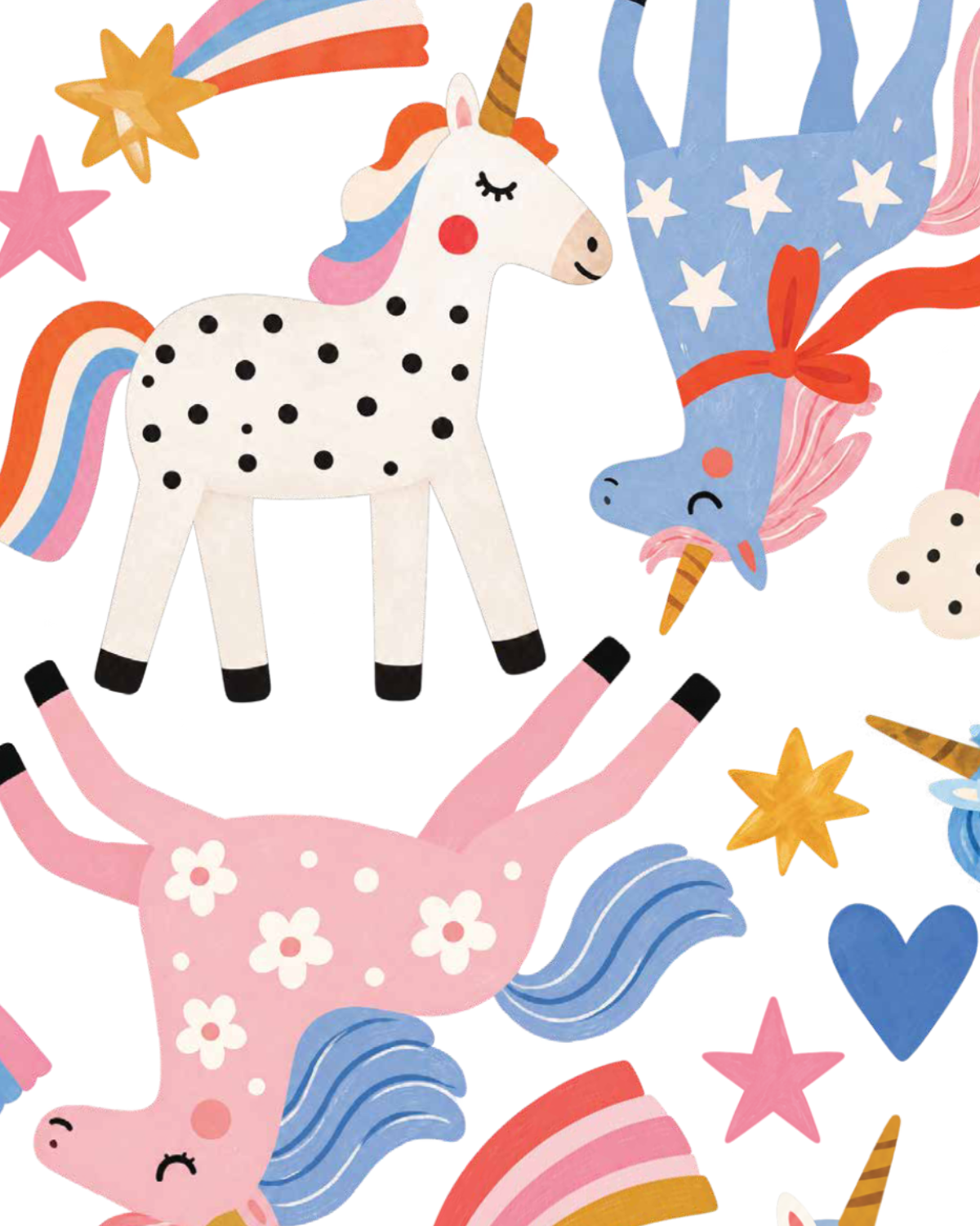 Close up of Twinkle Kingdom wall decals showing a spotted unicorn, pink floral unicorn and blue unicorn with hand painted details.