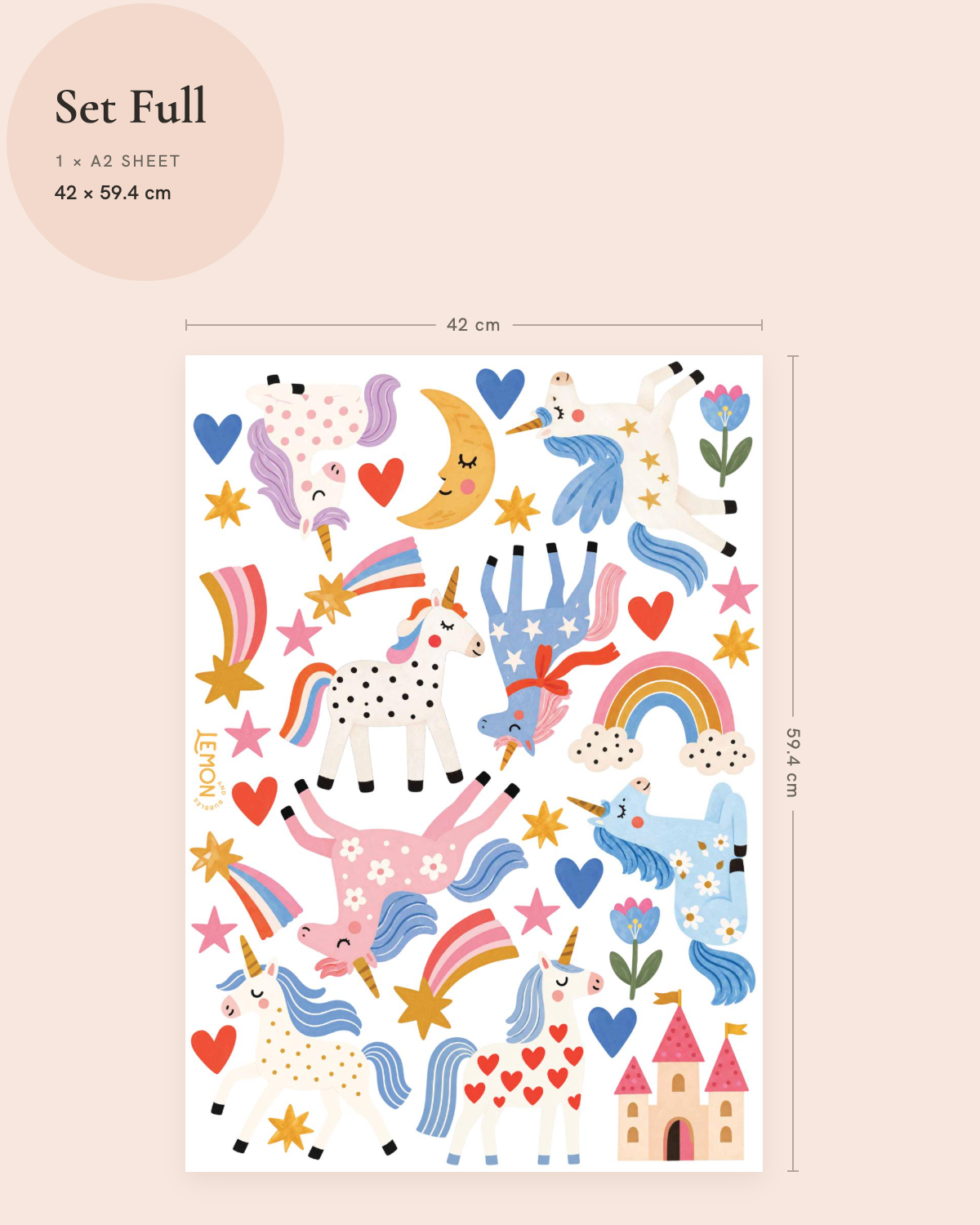 Twinkle Kingdom Full wall decal size guide featuring unicorns, rainbows, a castle, stars and colourful decorative details.