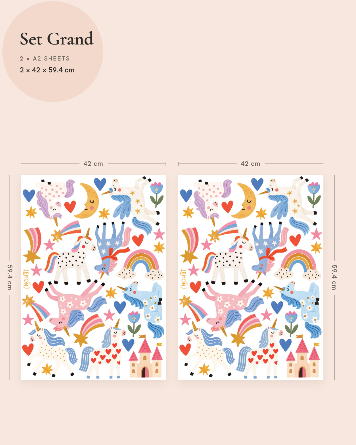 Twinkle Kingdom Grand wall decal size guide showing two Full sheets of unicorns, rainbows, castles and stars.