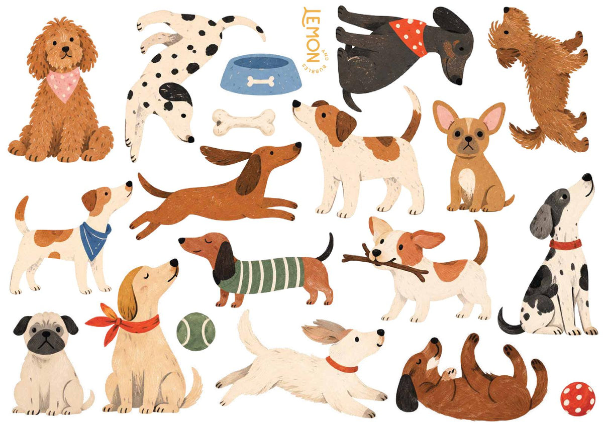 The Doggies Club Base wall sticker sheet featuring playful puppies in different poses, dog bowls, bones and colourful balls.