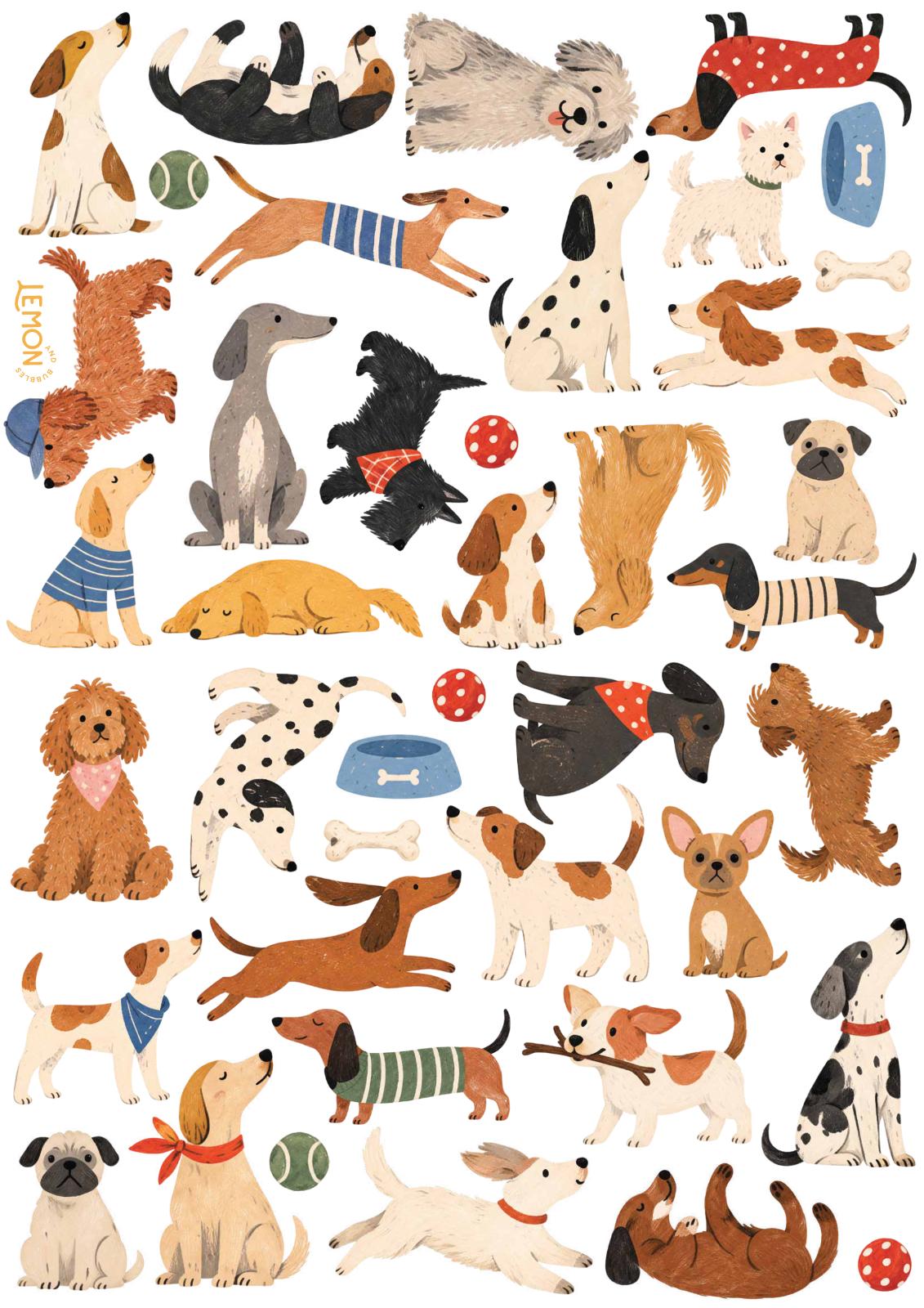 The Doggies Club Full wall sticker sheet showing the complete collection of adorable dogs, playful poses and little accessories.