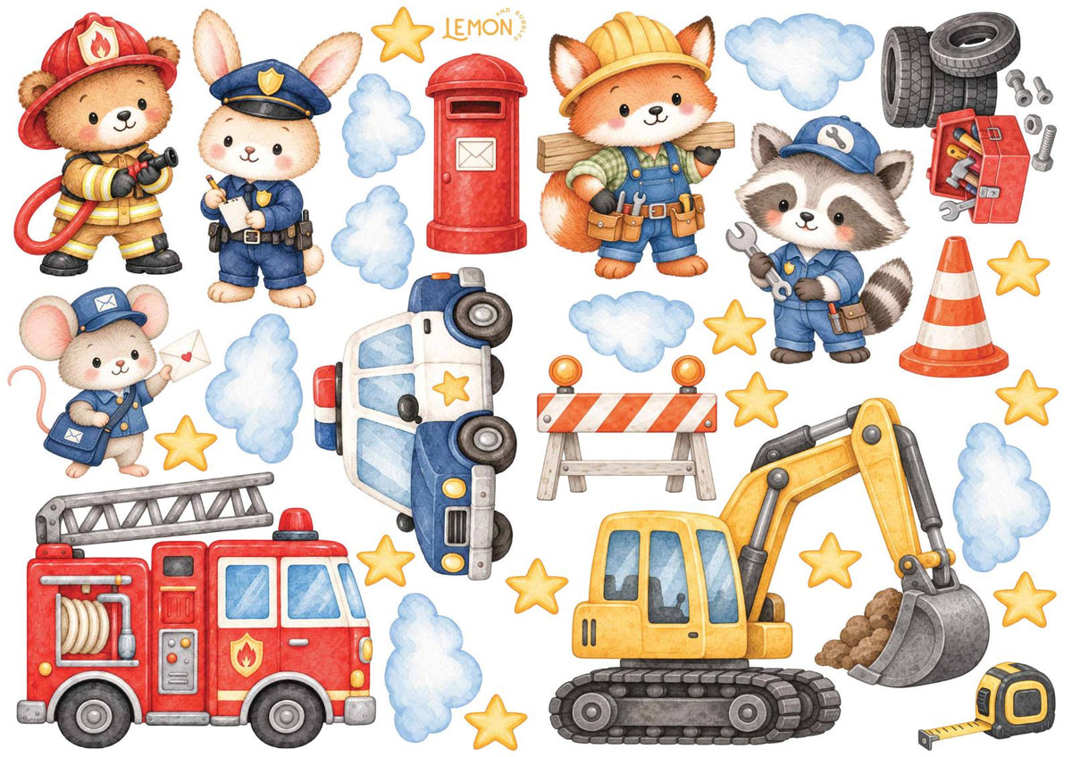 Everyday Heroes Full wall sticker sheet showing the complete collection of animal heroes, rescue vehicles, a digger, clouds and stars.