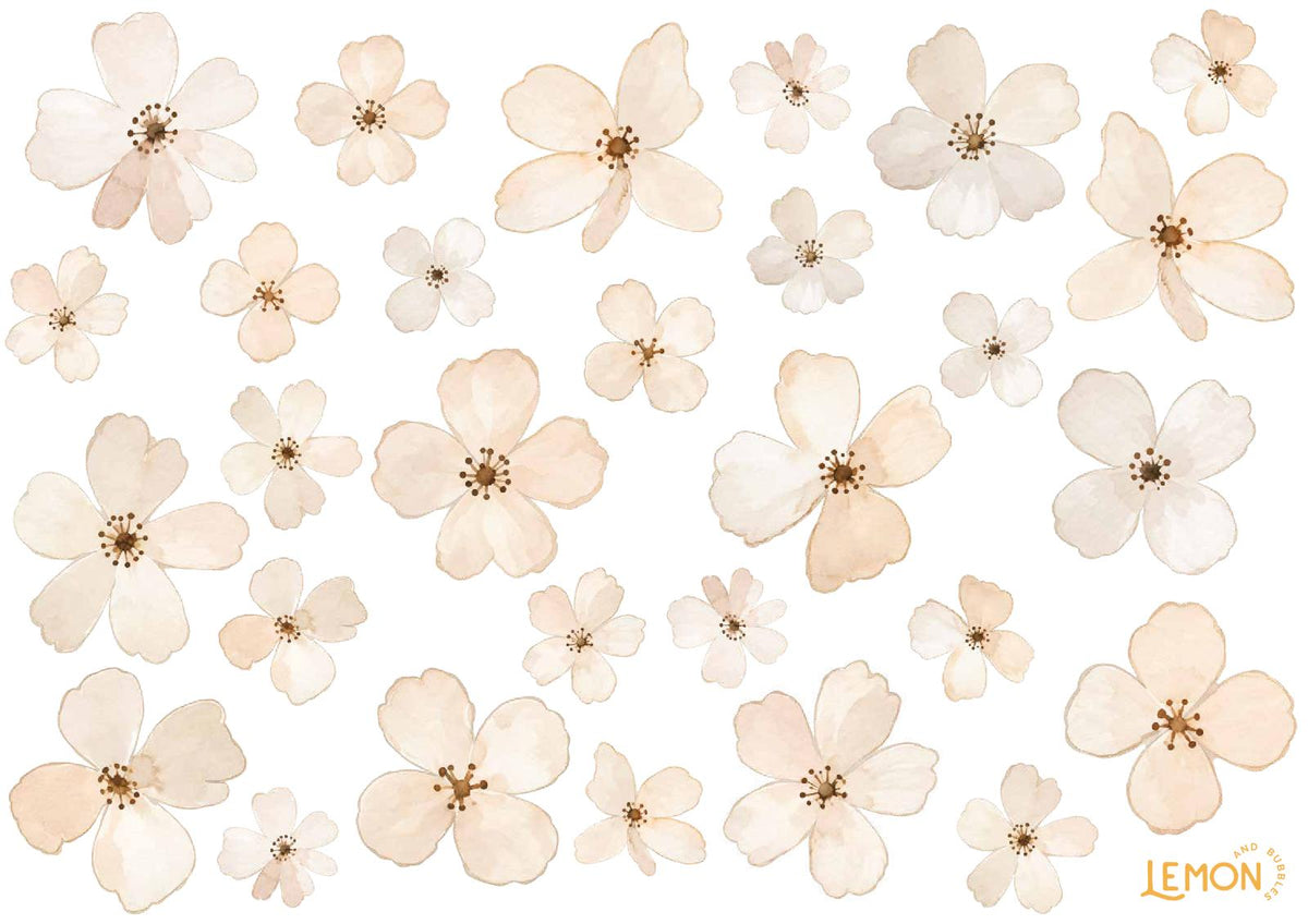 Ivory Bloom Base wall sticker sheet with assorted cream and ivory flowers in different sizes and shapes.