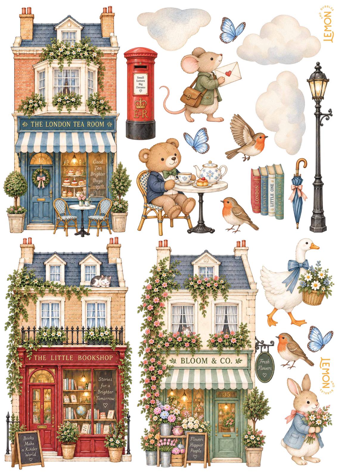 London & Co Full wall sticker sheet featuring charming shopfronts, playful animals and little London street details.