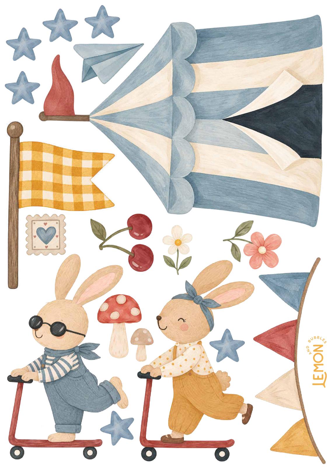 Little Rebels Base wall sticker sheet featuring playful animal characters and vintage style decorative details.