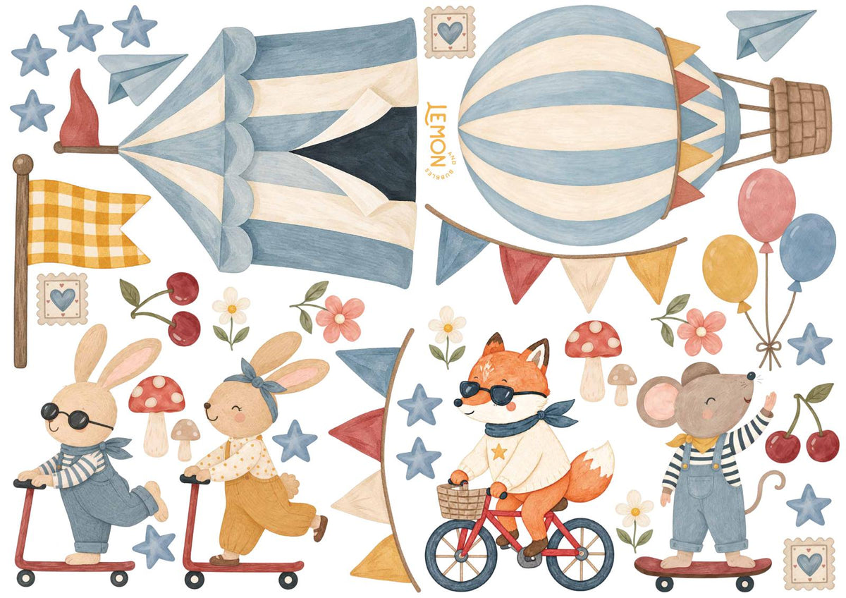 Little Rebels Full wall sticker sheet showing the complete collection of whimsical animals and playful decorative elements.