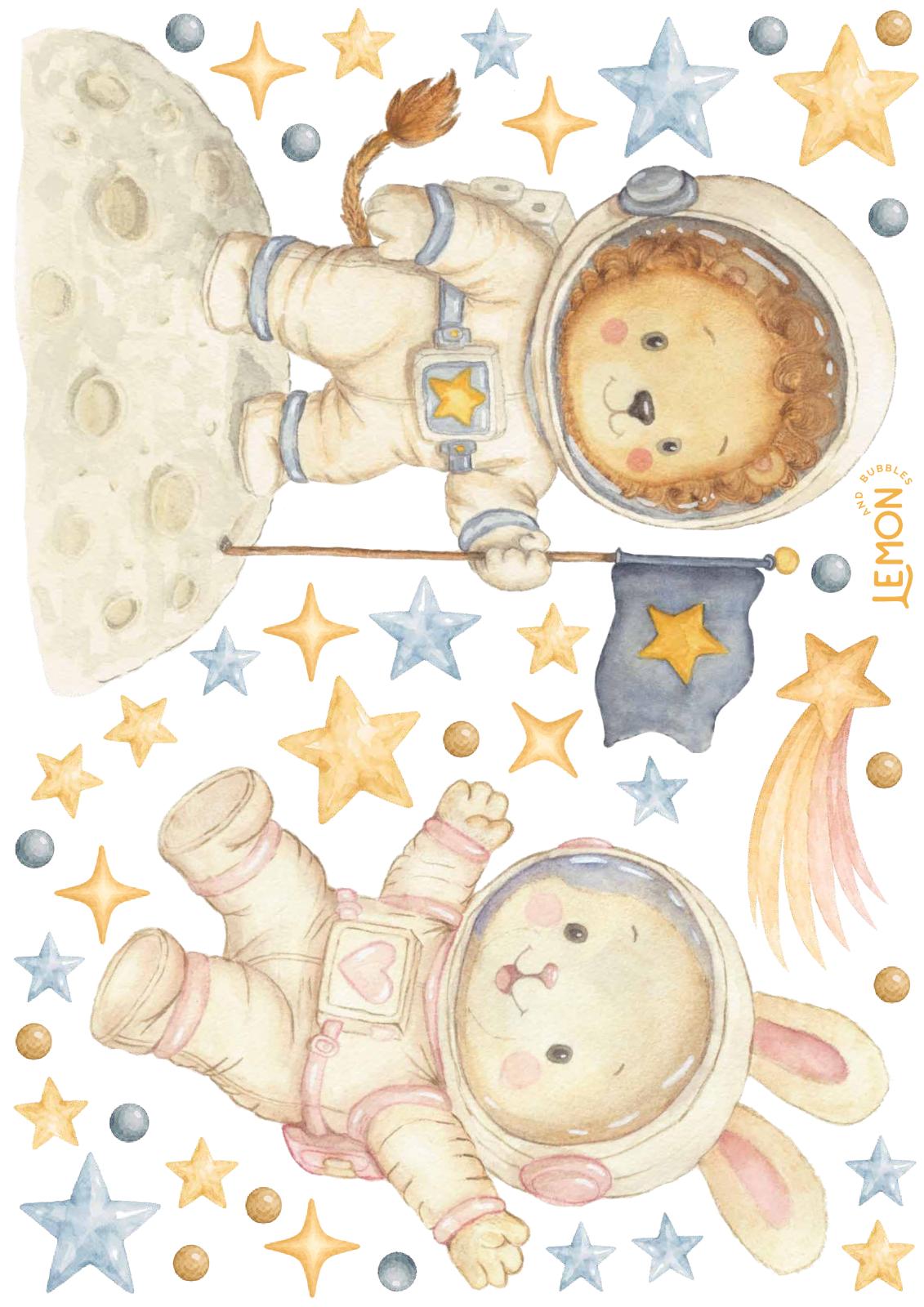 Complete view of the Space and Beyond Base nursery wall sticker design with colourful planets, moons and stars.