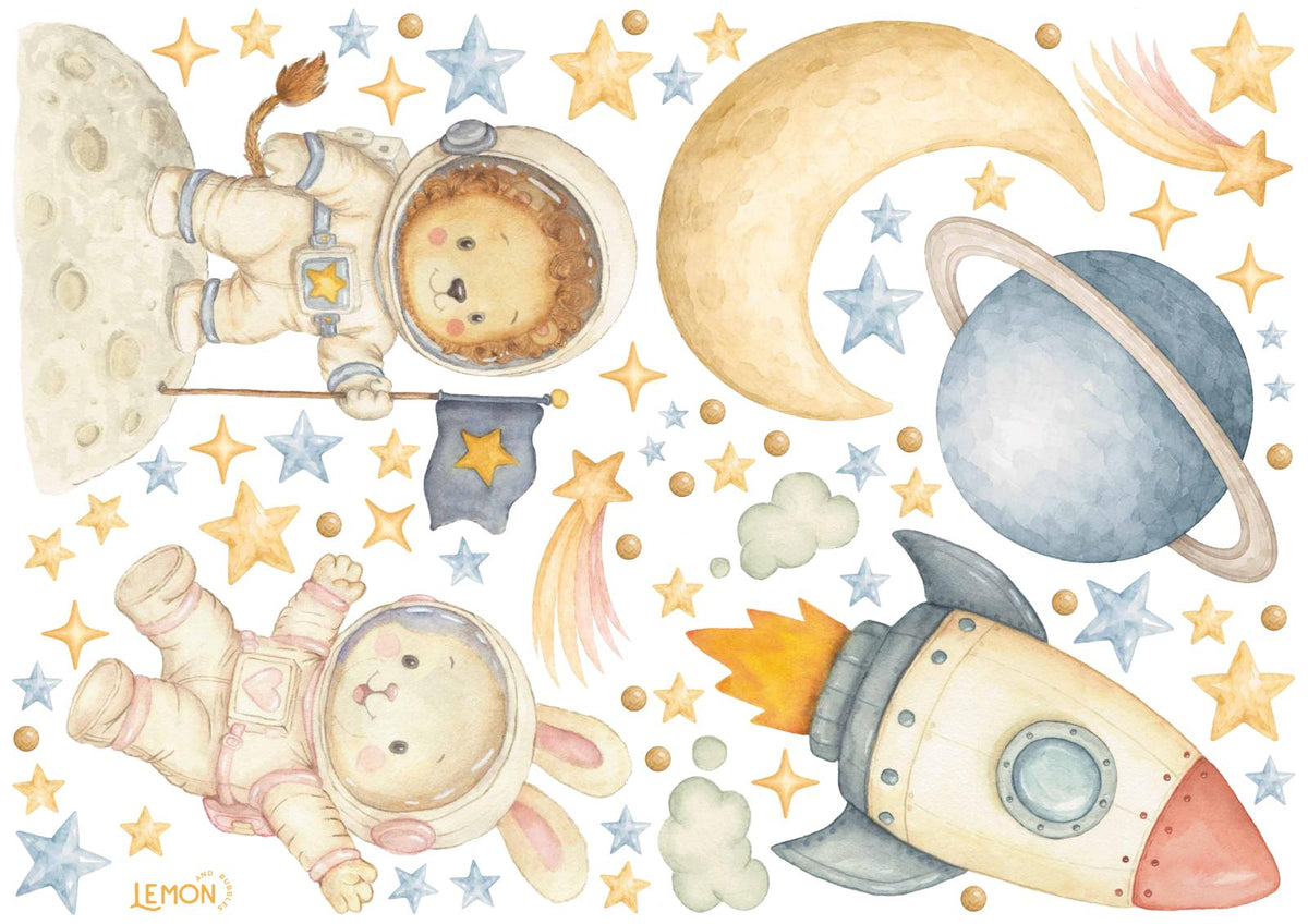 Complete view of the Space and Beyond Base nursery wall sticker design with colourful planets, moons and stars.