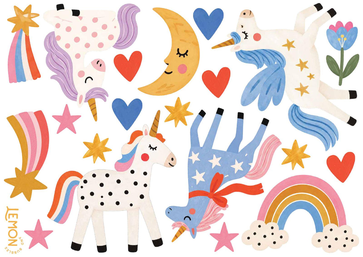 Twinkle Kingdom Base wall sticker sheet featuring whimsical unicorn illustrations, a smiling moon, rainbow, stars and colourful hearts.