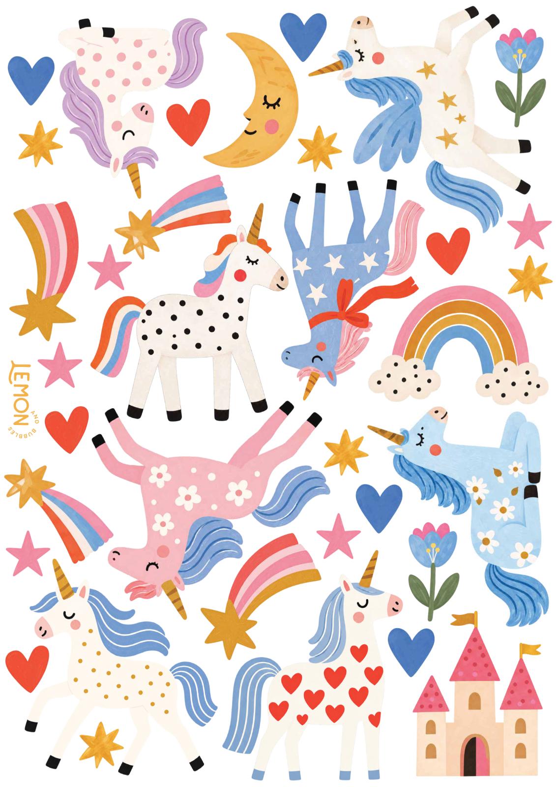 Twinkle Kingdom Full wall sticker sheet featuring colourful unicorns in different poses, a pink castle, rainbows, flowers and shooting stars.